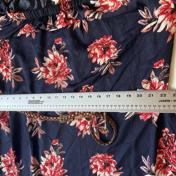 Paper Tee Women Dress 2X Navy Floral A-Line Belted Short Sleeve Off Shoulder - Picture 6 of 11